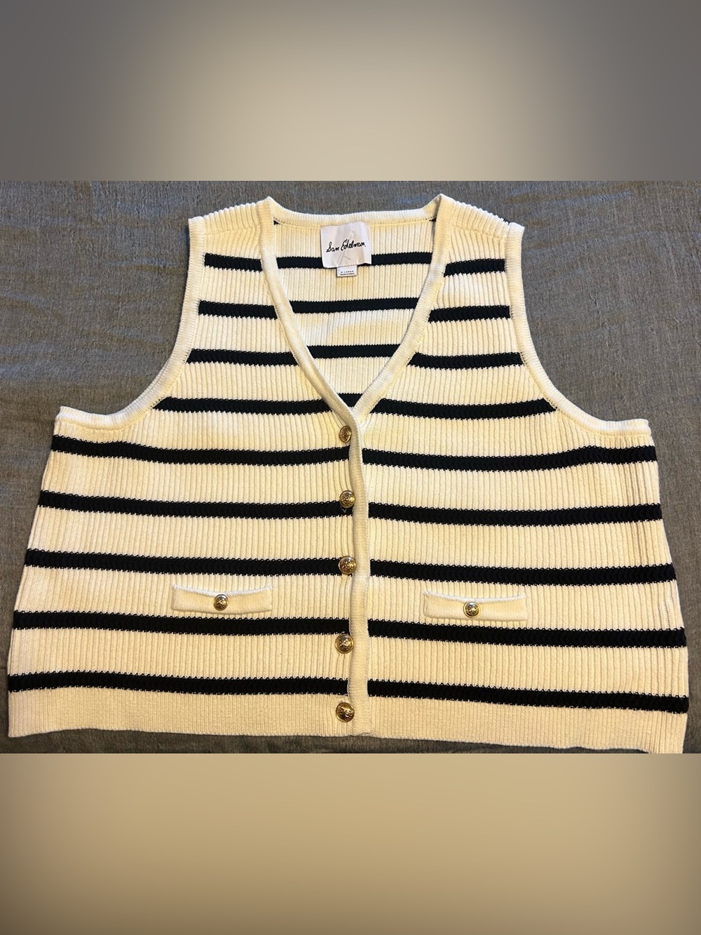 Sam Edelman Striped Knit Button Front Vest - White & Black XL